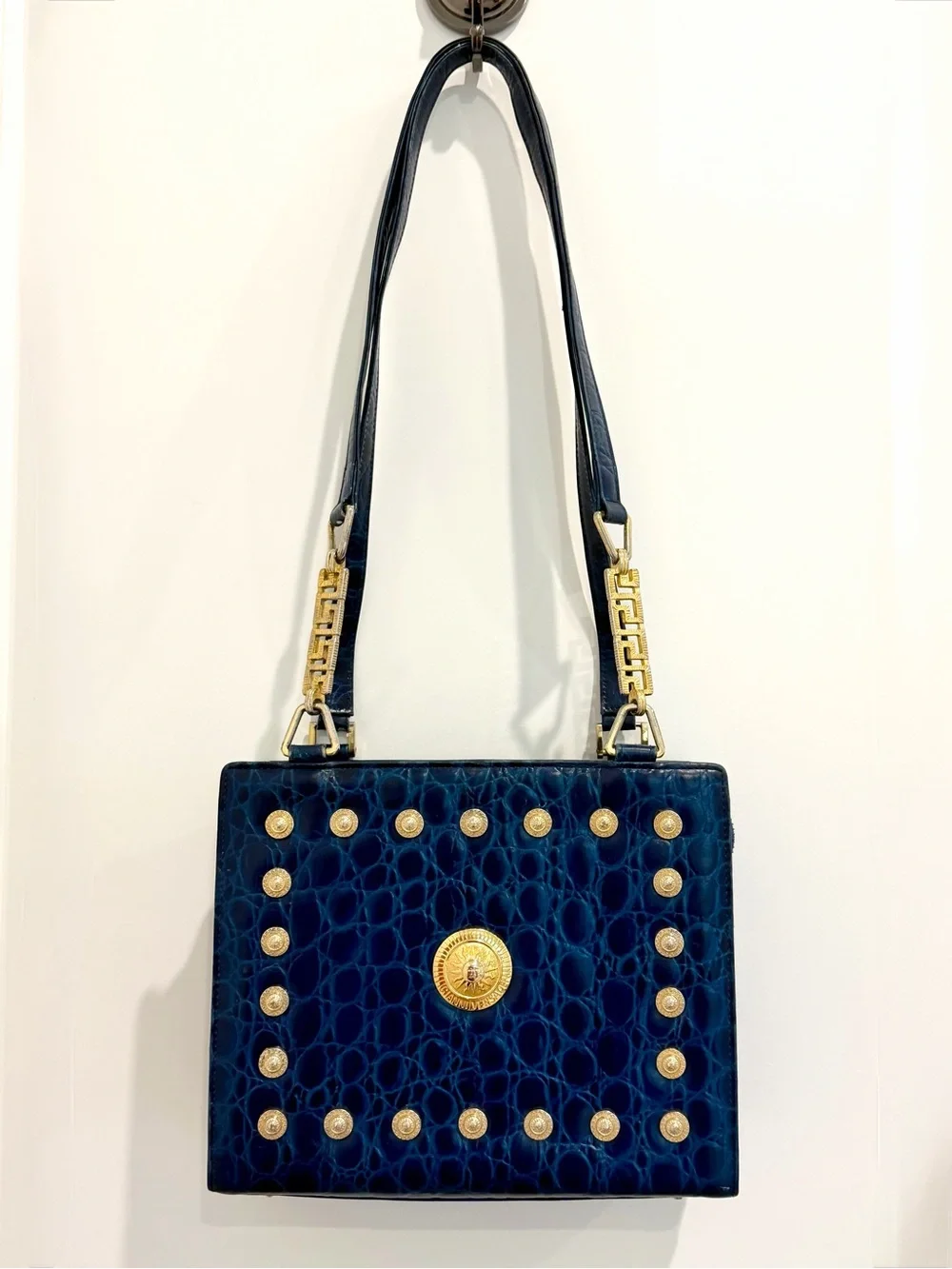 Vintage Gianni Versace Blue Croc Embossed Leather Medusa Handbag 1990s